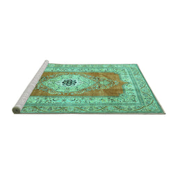 Sideview of Machine Washable Persian Turquoise Traditional Area Rugs, wshtr4515turq