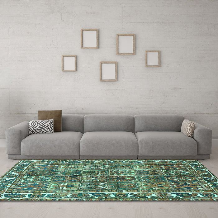 Machine Washable Persian Turquoise Traditional Area Rugs in a Living Room,, wshtr4516turq