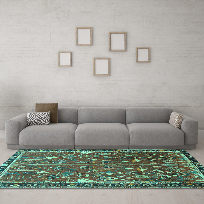Machine Washable Animal Turquoise Traditional Area Rugs in a Living Room,, wshtr4517turq