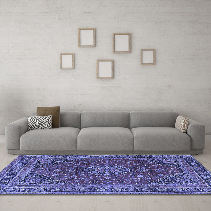 Machine Washable Medallion Blue Traditional Rug in a Living Room, wshtr4519blu