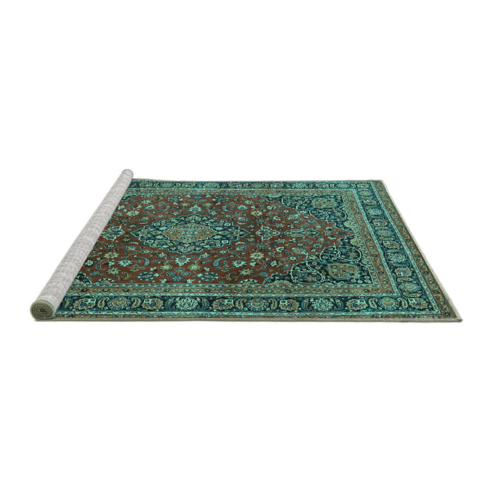 Sideview of Machine Washable Medallion Turquoise Traditional Area Rugs, wshtr4519turq