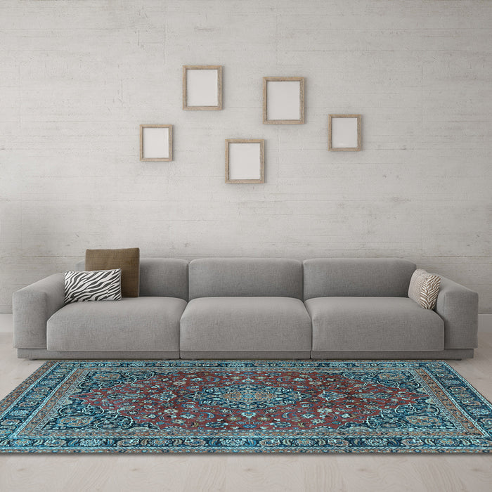 Machine Washable Medallion Light Blue Traditional Rug in a Living Room, wshtr4519lblu