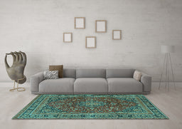 Machine Washable Medallion Turquoise Traditional Area Rugs in a Living Room,, wshtr4519turq