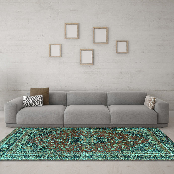Machine Washable Medallion Turquoise Traditional Area Rugs in a Living Room,, wshtr4519turq