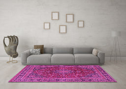 Machine Washable Medallion Pink Traditional Rug in a Living Room, wshtr4519pnk