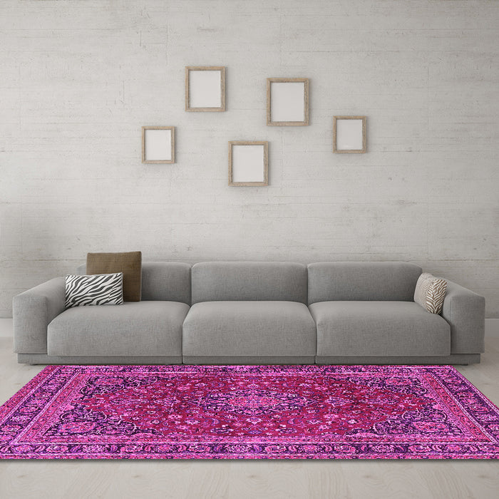 Machine Washable Medallion Pink Traditional Rug in a Living Room, wshtr4519pnk