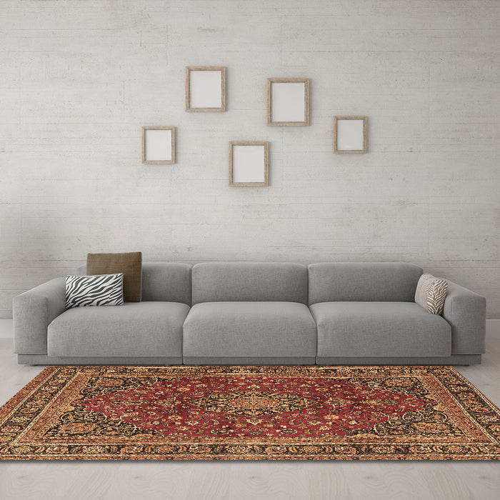 Machine Washable Medallion Brown Traditional Rug in a Living Room,, wshtr4519brn