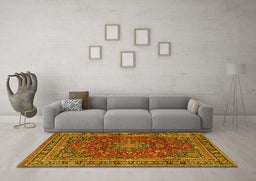 Machine Washable Medallion Yellow Traditional Rug in a Living Room, wshtr4519yw