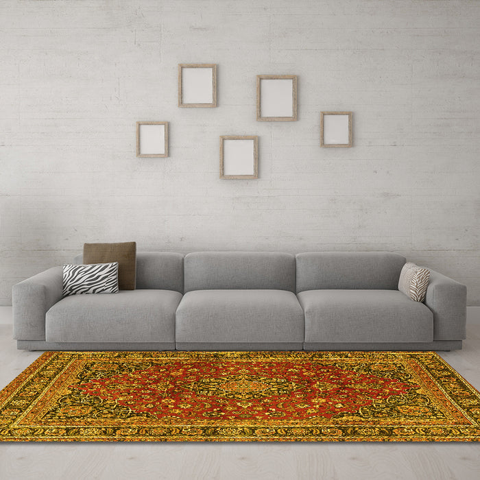 Machine Washable Medallion Yellow Traditional Rug in a Living Room, wshtr4519yw