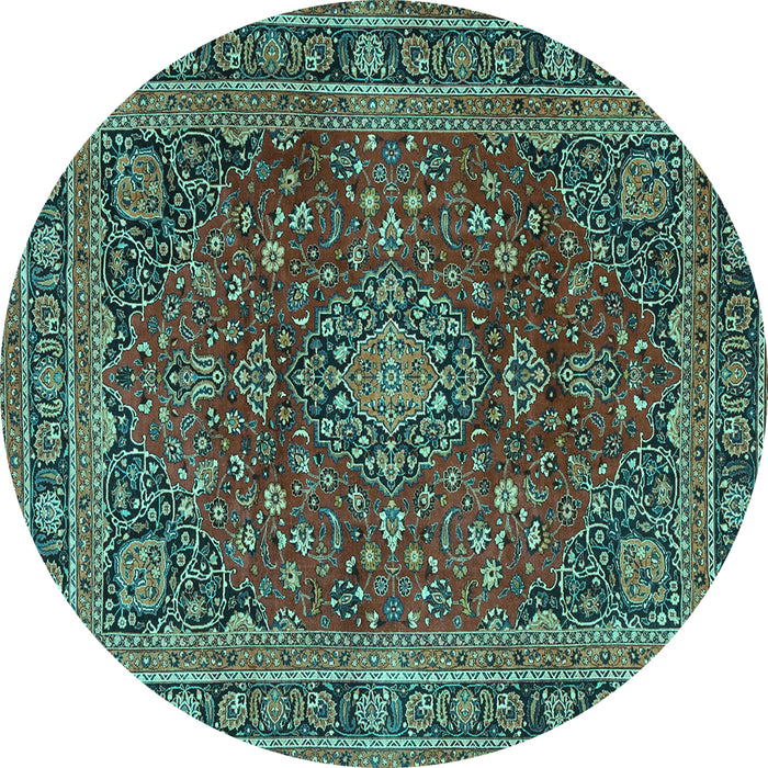 Round Machine Washable Medallion Turquoise Traditional Area Rugs, wshtr4519turq