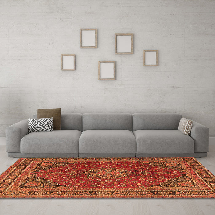 Machine Washable Medallion Orange Traditional Area Rugs in a Living Room, wshtr4519org
