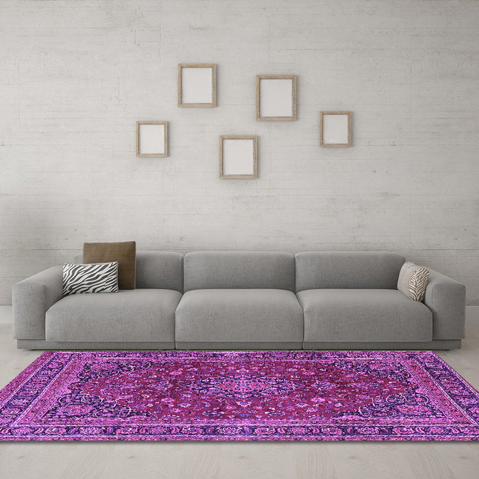 Machine Washable Medallion Purple Traditional Area Rugs in a Living Room, wshtr4519pur