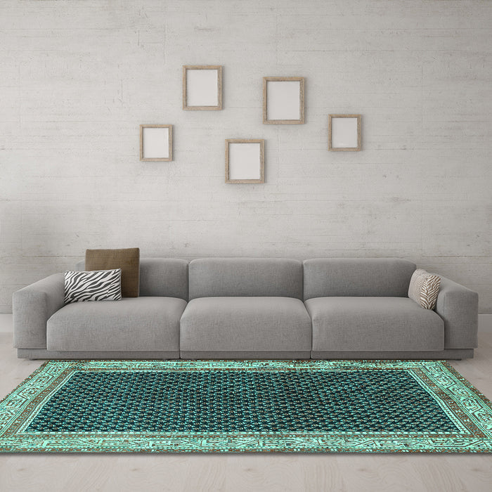 Machine Washable Persian Turquoise Traditional Area Rugs in a Living Room,, wshtr451turq