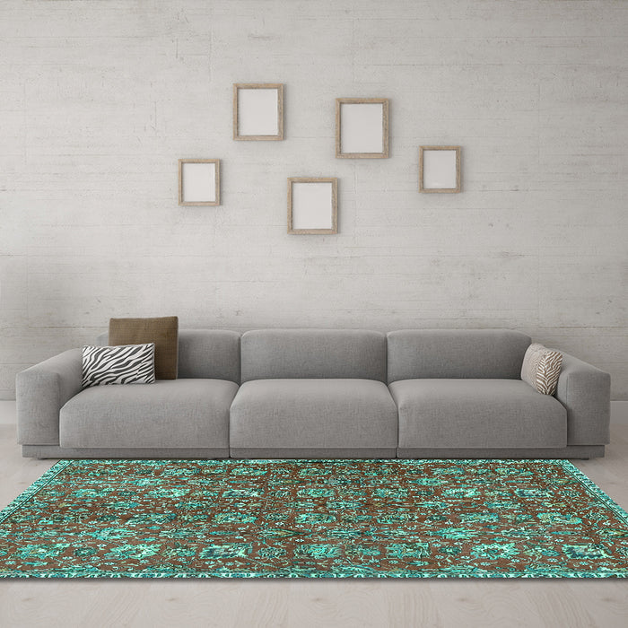 Machine Washable Persian Turquoise Traditional Area Rugs in a Living Room,, wshtr4521turq