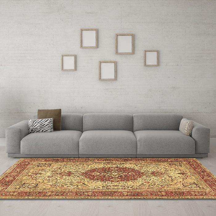 Machine Washable Medallion Brown Traditional Rug in a Living Room,, wshtr4522brn