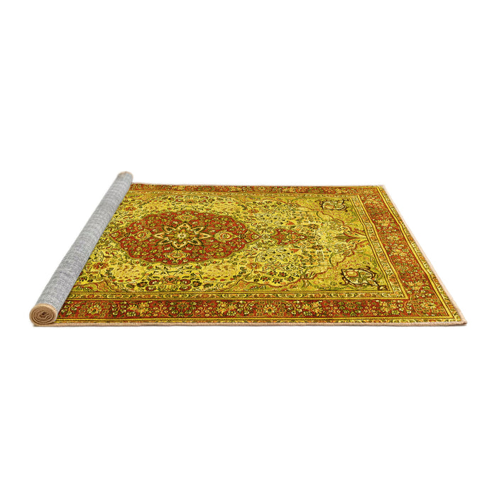Sideview of Machine Washable Medallion Yellow Traditional Rug, wshtr4522yw