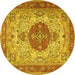 Round Machine Washable Medallion Yellow Traditional Rug, wshtr4522yw