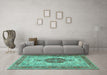 Machine Washable Medallion Turquoise Traditional Area Rugs in a Living Room,, wshtr4522turq