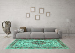 Machine Washable Medallion Turquoise Traditional Area Rugs in a Living Room,, wshtr4522turq