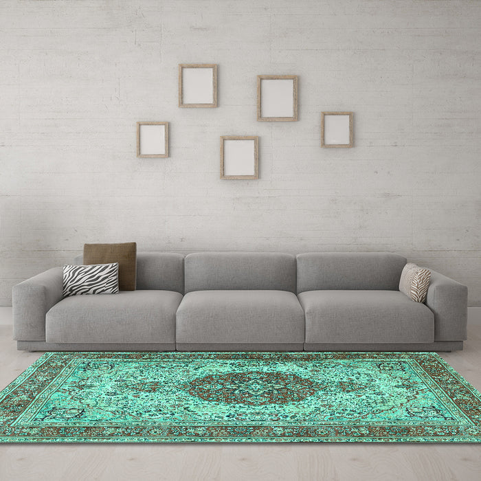 Machine Washable Medallion Turquoise Traditional Area Rugs in a Living Room,, wshtr4522turq