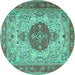 Round Machine Washable Medallion Turquoise Traditional Area Rugs, wshtr4522turq