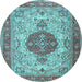 Round Machine Washable Medallion Light Blue Traditional Rug, wshtr4522lblu