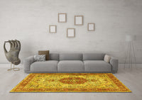 Machine Washable Medallion Yellow Traditional Rug, wshtr4522yw