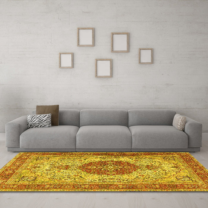 Machine Washable Medallion Yellow Traditional Rug in a Living Room, wshtr4522yw