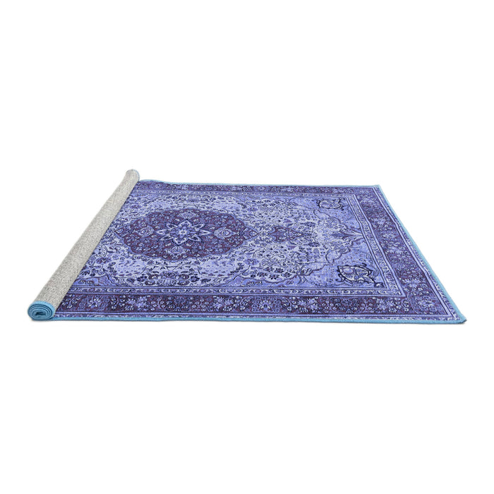 Sideview of Machine Washable Medallion Blue Traditional Rug, wshtr4522blu