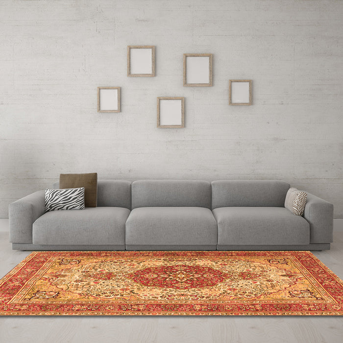 Machine Washable Medallion Orange Traditional Area Rugs in a Living Room, wshtr4522org