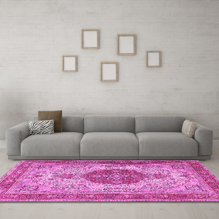 Machine Washable Medallion Pink Traditional Rug in a Living Room, wshtr4522pnk