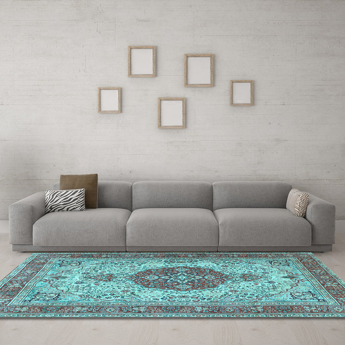 Machine Washable Medallion Light Blue Traditional Rug in a Living Room, wshtr4522lblu