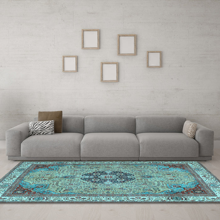 Machine Washable Medallion Light Blue Traditional Rug in a Living Room, wshtr4523lblu