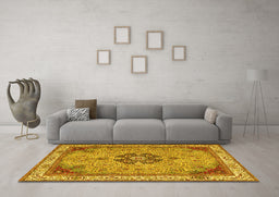 Machine Washable Medallion Yellow Traditional Rug in a Living Room, wshtr4523yw
