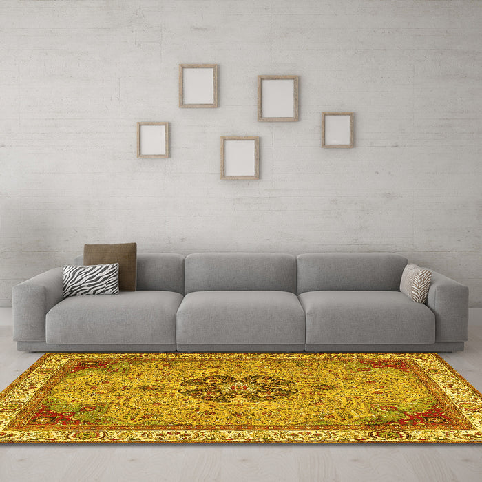 Machine Washable Medallion Yellow Traditional Rug in a Living Room, wshtr4523yw