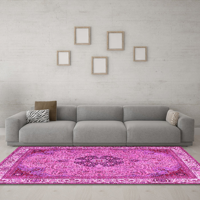 Machine Washable Medallion Pink Traditional Rug in a Living Room, wshtr4523pnk