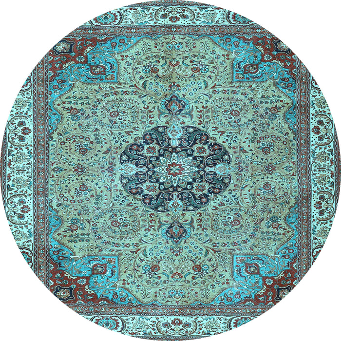 Round Machine Washable Medallion Light Blue Traditional Rug, wshtr4523lblu