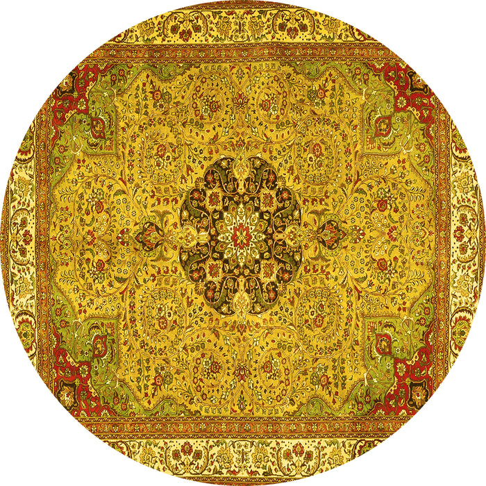 Round Machine Washable Medallion Yellow Traditional Rug, wshtr4523yw