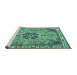 Sideview of Machine Washable Medallion Turquoise Traditional Area Rugs, wshtr4523turq