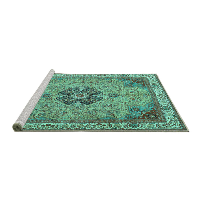 Sideview of Machine Washable Medallion Turquoise Traditional Area Rugs, wshtr4523turq