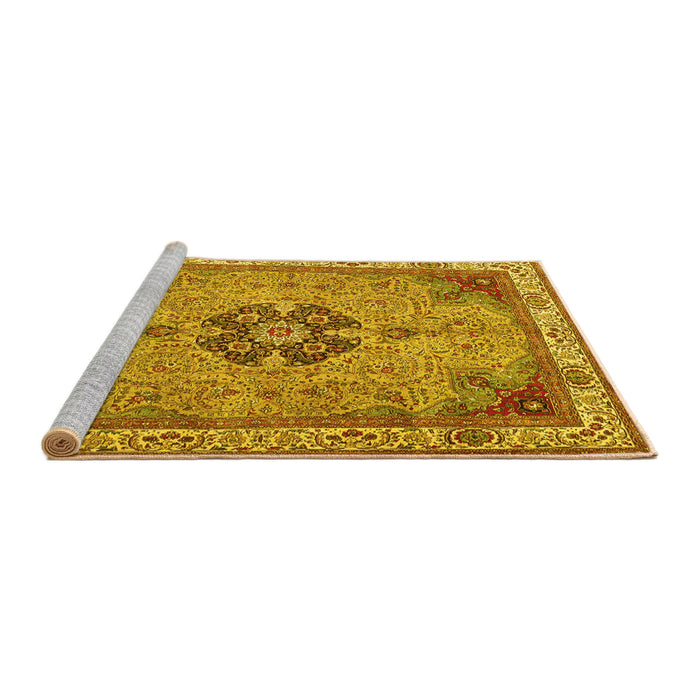 Sideview of Machine Washable Medallion Yellow Traditional Rug, wshtr4523yw