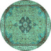 Round Machine Washable Medallion Turquoise Traditional Area Rugs, wshtr4523turq