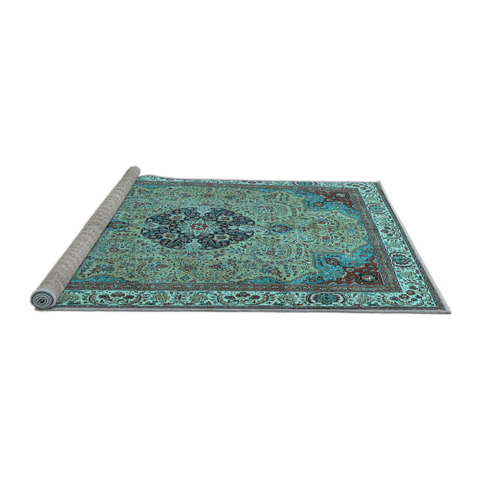 Sideview of Machine Washable Medallion Light Blue Traditional Rug, wshtr4523lblu