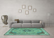 Machine Washable Medallion Turquoise Traditional Area Rugs in a Living Room,, wshtr4523turq