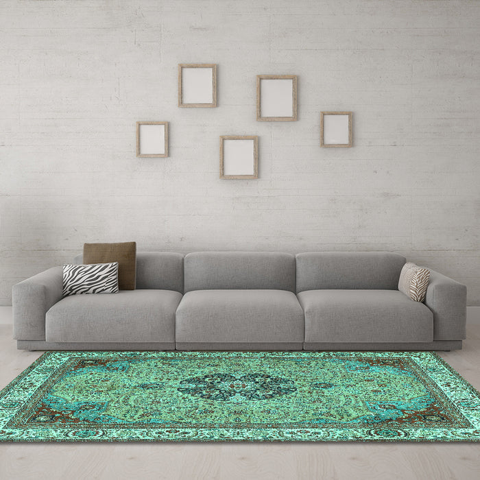 Machine Washable Medallion Turquoise Traditional Area Rugs in a Living Room,, wshtr4523turq