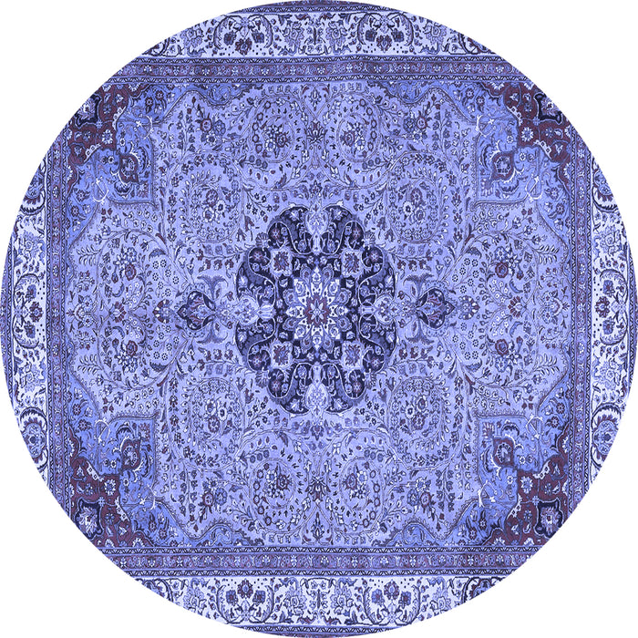 Round Machine Washable Medallion Blue Traditional Rug, wshtr4523blu