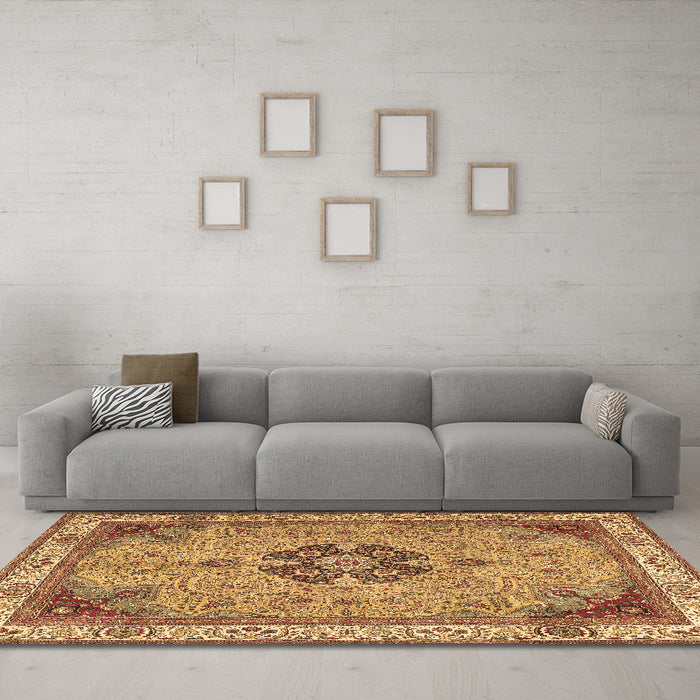 Machine Washable Medallion Brown Traditional Rug in a Living Room,, wshtr4523brn