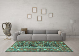 Machine Washable Persian Turquoise Traditional Area Rugs in a Living Room,, wshtr4524turq