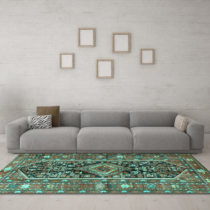 Machine Washable Persian Turquoise Traditional Area Rugs in a Living Room,, wshtr4524turq