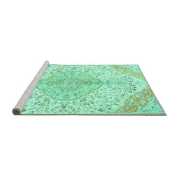Sideview of Machine Washable Persian Turquoise Traditional Area Rugs, wshtr4525turq